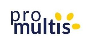 Logo pro multis mit gelben Blütenelementen