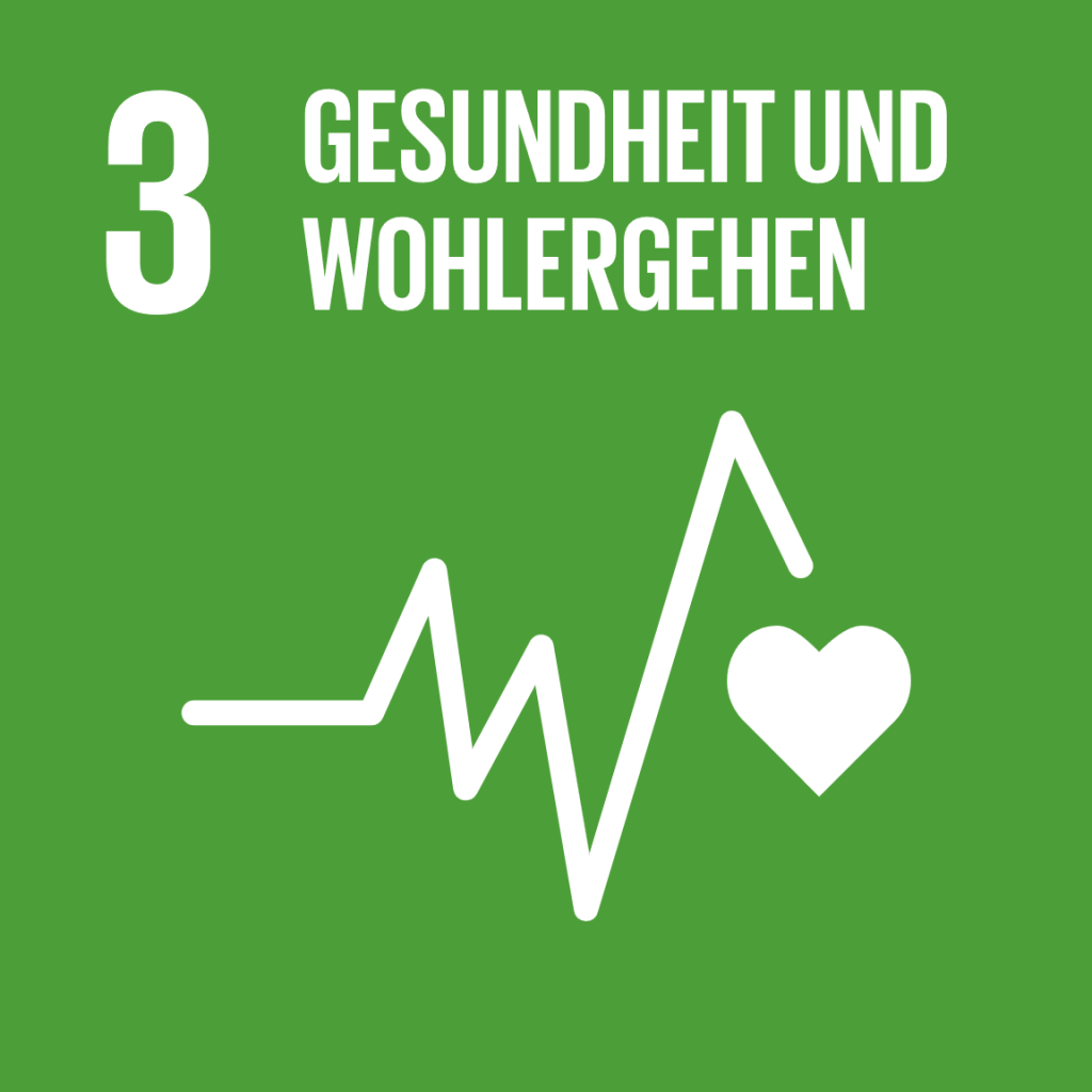 Grafik des 3. UN-Nachhaltigkeitsziels "Gesundheit und Wohlergehen", symbolisiert durch eine Herzschlaglinie auf grünem Hintergrund.