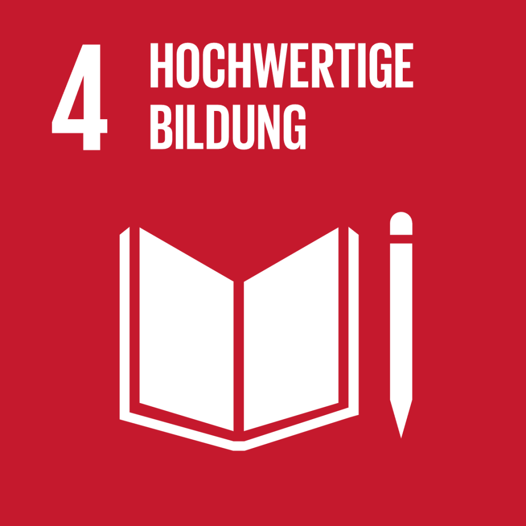 Das Bild zeigt ein Nachhaltigkeitsziel der UN. Die rote Kachel zeigt den Text „4 Hochwertige Bildung“ und ein offenes Buch mit einem Stift daneben.