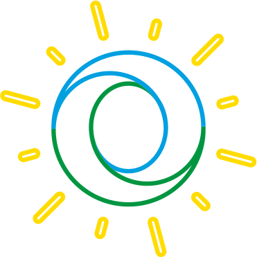 Das Bild zeigt eine Zeichnung einer Sonne bestehend aus blau-grünen Linien, die den Kreis in der Mitte bilden, und gelben Sonnenstrahlen.