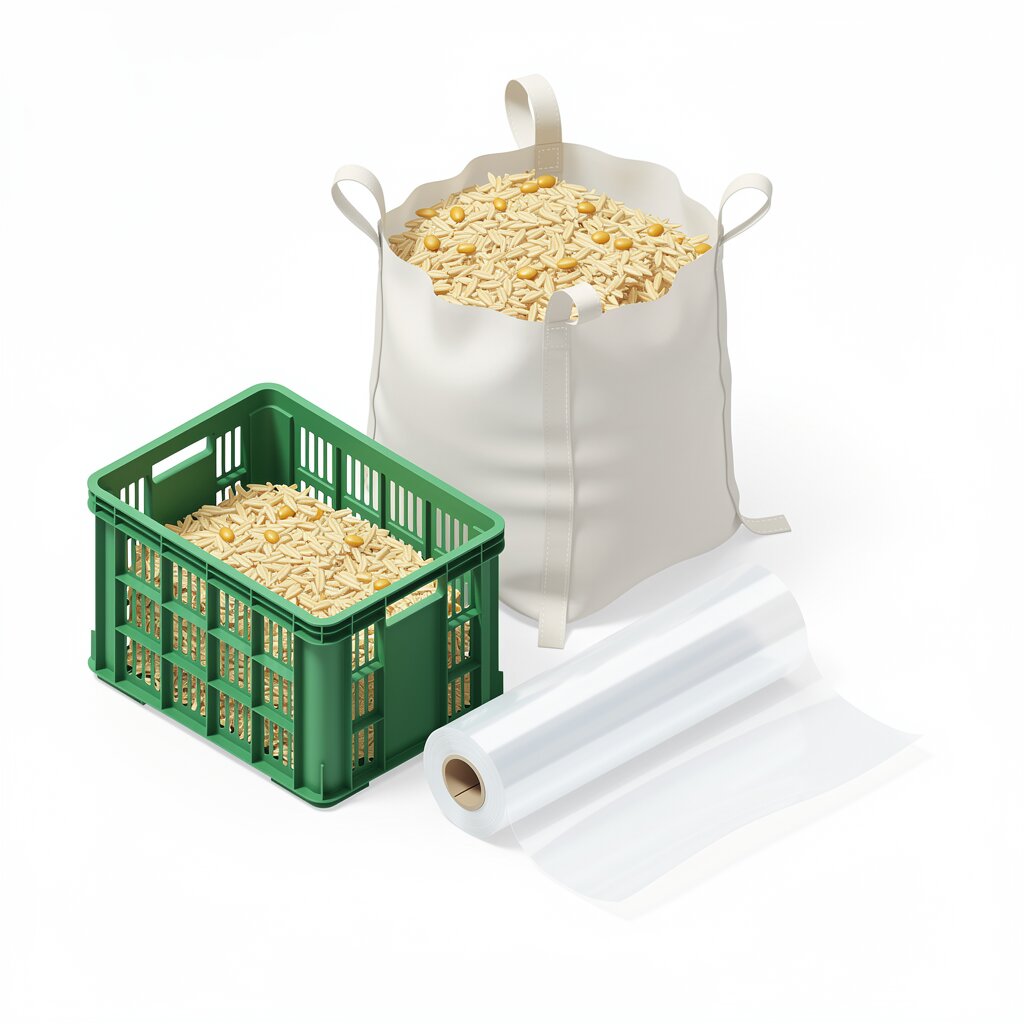 Großsack und Kiste mit Getreide und Folie