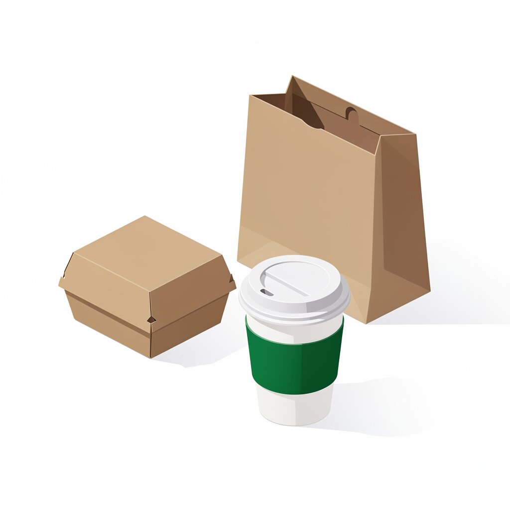 Papiertüte, Burgerbox und Kaffeebecher zum Mitnehmen